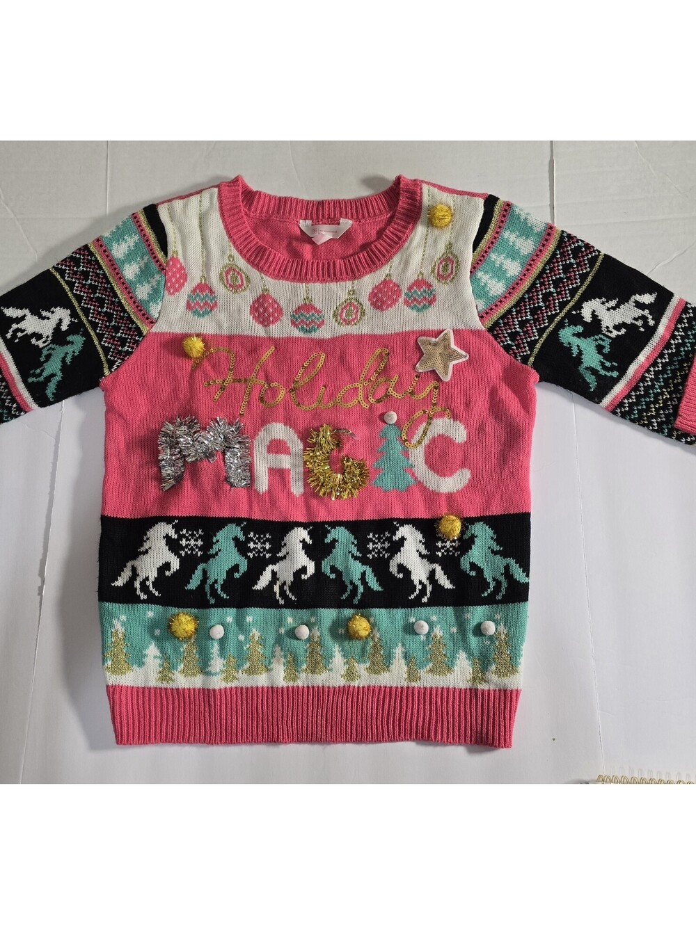 Womens Large Pink Unicorn Holiday Magic Ugly  Sweater Tinsel Sequins Ornaments